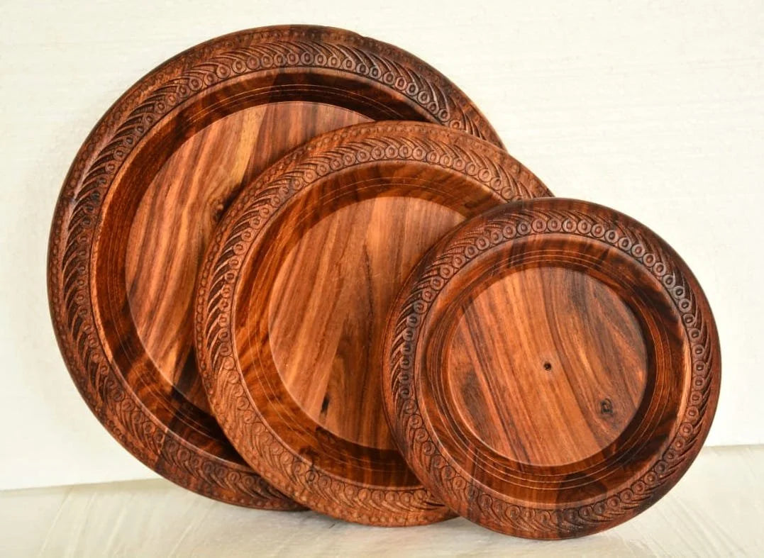Wooden Plates Hand-Carved from Sheesham Wood - Design 1